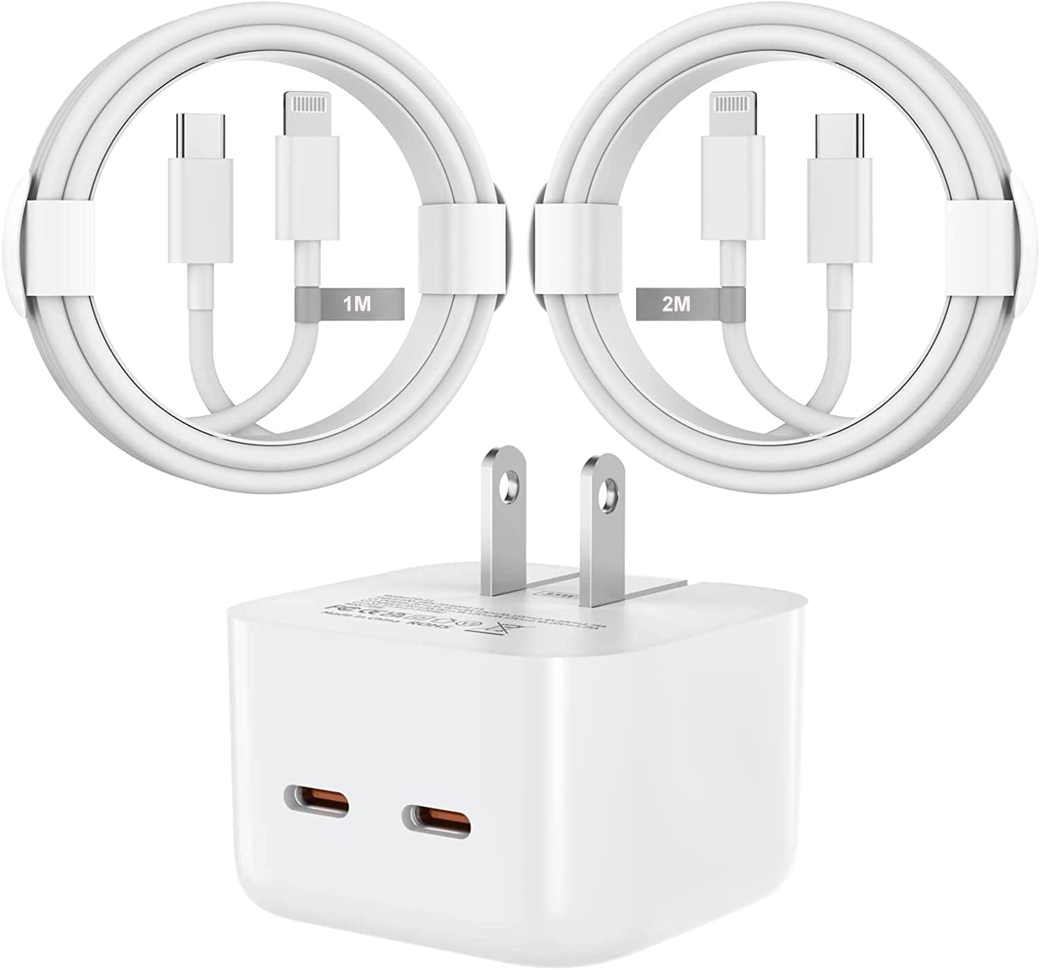 Adaptateur secteur à charge rapide double USB-C PD 3.0 35 W, chargeur mural et câble USB-C vers Lightning (1 m et 2 m) Adaptateur secteur à charge rapide double USB-C PD 3.0 35 W, chargeur mural et câble USB-C vers Lightning (1 m et 2 m)